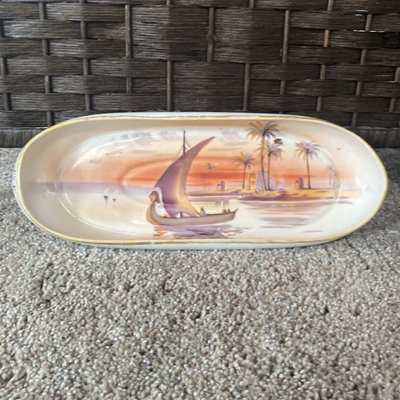 Nippon 12" Porcelain Hand Painted Canoe Shaped Dish / Tray - Picture 3 of 11